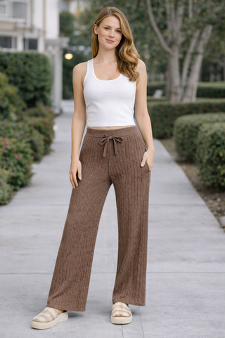 Solid Color Cable Knit Wide-Leg Lounge Pants W/ Drawstring