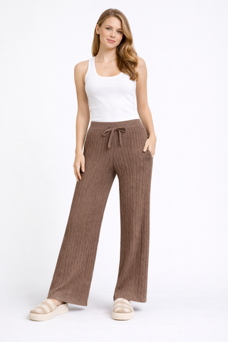 Solid Color Cable Knit Wide-Leg Lounge Pants W/ Drawstring