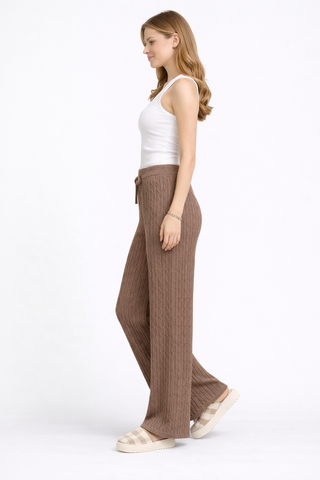 Solid Color Cable Knit Wide-Leg Lounge Pants W/ Drawstring