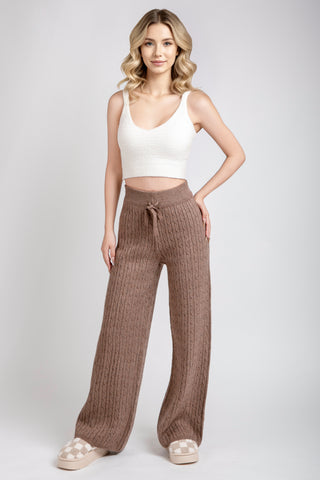 Solid Color Cable Knit Wide-Leg Lounge Pants W/ Drawstring