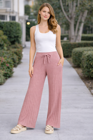 Solid Color Ribbed Wide-Leg Lounge Pants W/ Drawstring