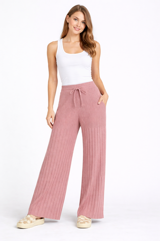 Solid Color Ribbed Wide-Leg Lounge Pants W/ Drawstring