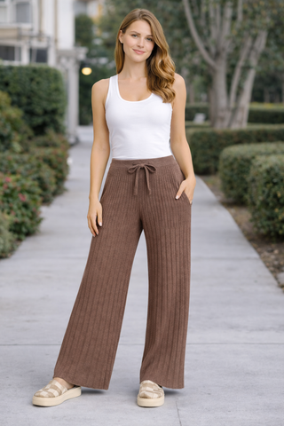 Solid Color Ribbed Wide-Leg Lounge Pants W/ Drawstring