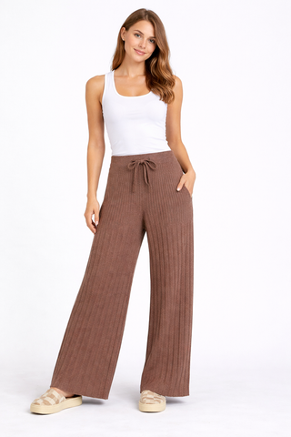 Solid Color Ribbed Wide-Leg Lounge Pants W/ Drawstring