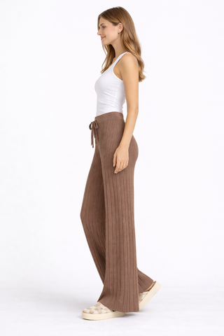 Solid Color Ribbed Wide-Leg Lounge Pants W/ Drawstring