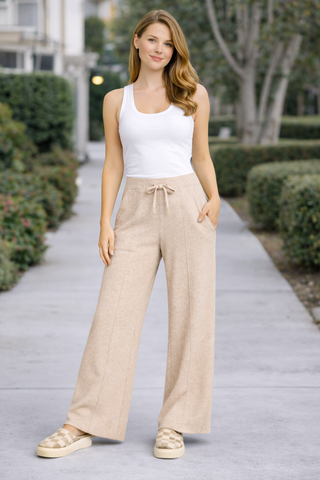 Solid Color Wide-Leg Lounge Pants W/ Drawstring & Pockets