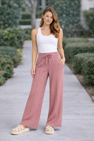 Solid Color Wide-Leg Lounge Pants W/ Drawstring & Pockets
