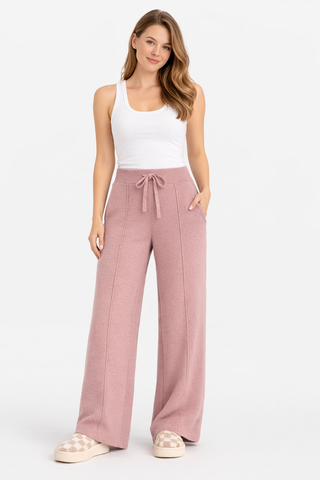 Solid Color Wide-Leg Lounge Pants W/ Drawstring & Pockets