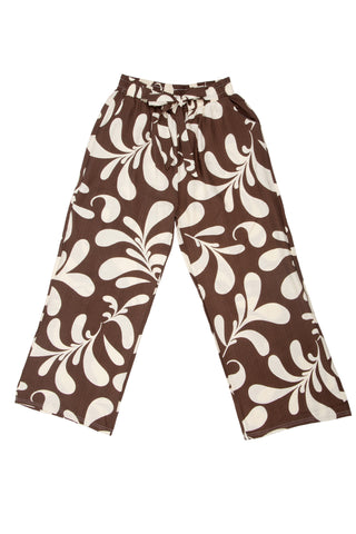 Tropical Pattern Wide-Leg Pants W/ Tie-Knot String & Pockets