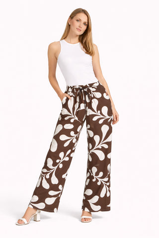 Tropical Pattern Wide-Leg Pants W/ Tie-Knot String & Pockets