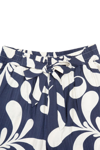 Tropical Pattern Wide-Leg Pants W/ Tie-Knot String & Pockets