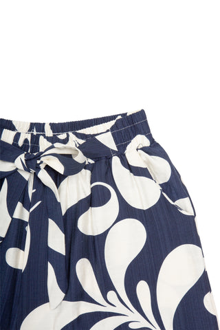 Tropical Pattern Wide-Leg Pants W/ Tie-Knot String & Pockets