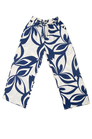 Leaves Pattern Wide-Leg Pants W/ Tie-Knot String & Pockets