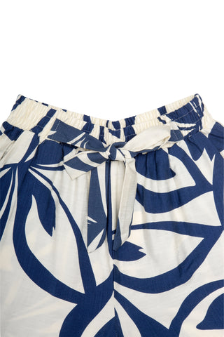 Leaves Pattern Wide-Leg Pants W/ Tie-Knot String & Pockets