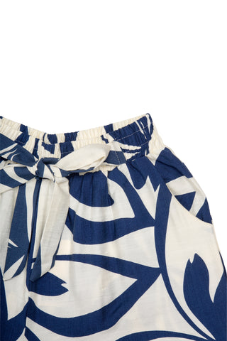 Leaves Pattern Wide-Leg Pants W/ Tie-Knot String & Pockets