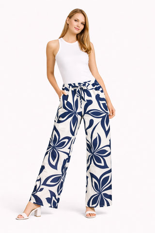 Leaves Pattern Wide-Leg Pants W/ Tie-Knot String & Pockets