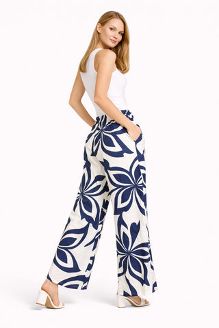 Leaves Pattern Wide-Leg Pants W/ Tie-Knot String & Pockets
