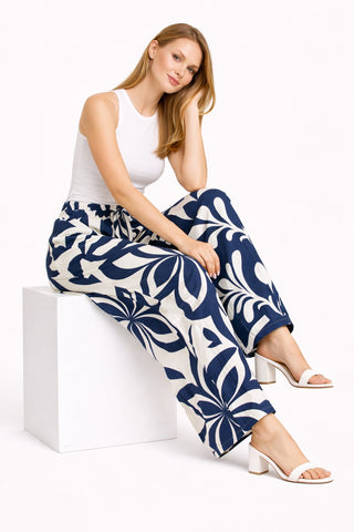 Leaves Pattern Wide-Leg Pants W/ Tie-Knot String & Pockets
