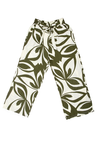 Leaves Pattern Wide-Leg Pants W/ Tie-Knot String & Pockets