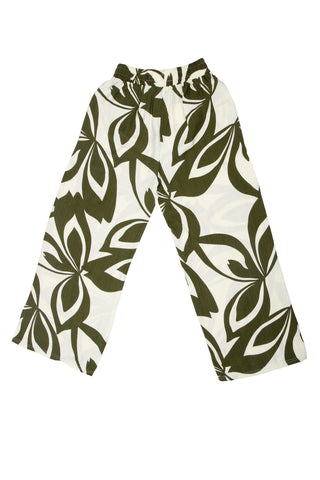Leaves Pattern Wide-Leg Pants W/ Tie-Knot String & Pockets
