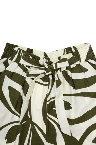 Leaves Pattern Wide-Leg Pants W/ Tie-Knot String & Pockets