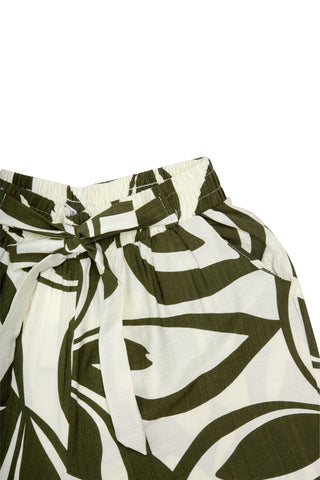 Leaves Pattern Wide-Leg Pants W/ Tie-Knot String & Pockets