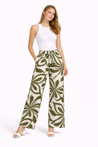 Leaves Pattern Wide-Leg Pants W/ Tie-Knot String & Pockets