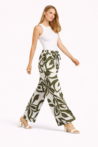 Leaves Pattern Wide-Leg Pants W/ Tie-Knot String & Pockets