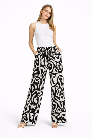 Abstract Pattern Wide-Leg Pants W/ Tie-Knot String & Pockets