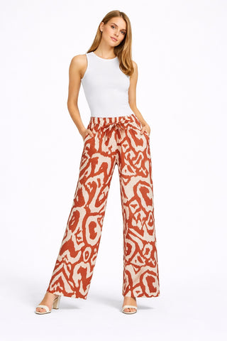 Abstract Pattern Wide-Leg Pants W/ Tie-Knot String & Pockets
