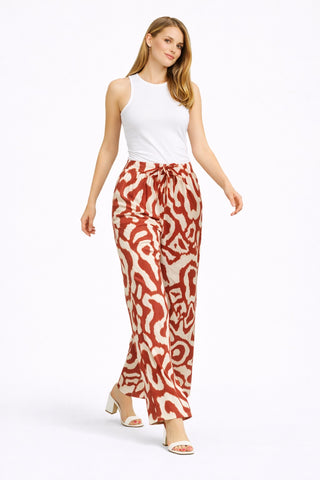 Abstract Pattern Wide-Leg Pants W/ Tie-Knot String & Pockets