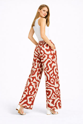 Abstract Pattern Wide-Leg Pants W/ Tie-Knot String & Pockets