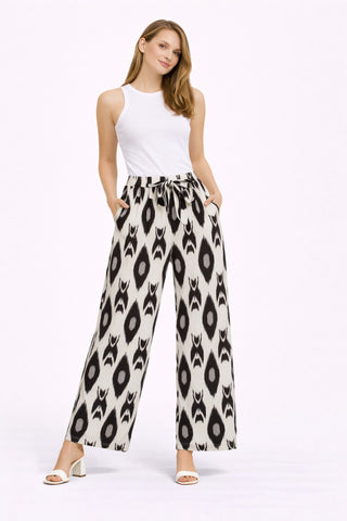 Abstract Pattern Wide-Leg Pants W/ Tie-Knot String & Pockets