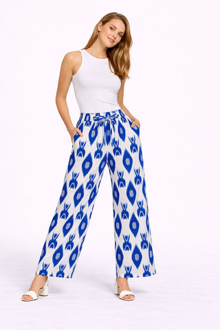 Abstract Pattern Wide-Leg Pants W/ Tie-Knot String & Pockets