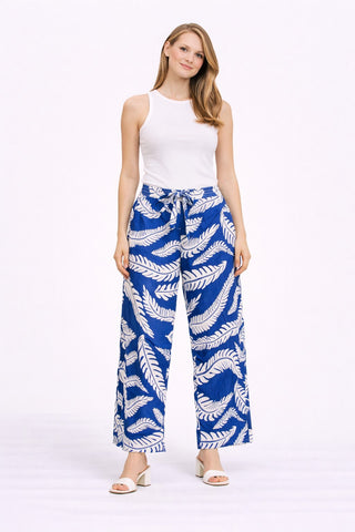 Leaves Pattern Wide-Leg Pants W/ Tie-Knot String & Pockets