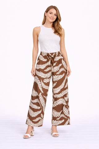 Leaves Pattern Wide-Leg Pants W/ Tie-Knot String & Pockets