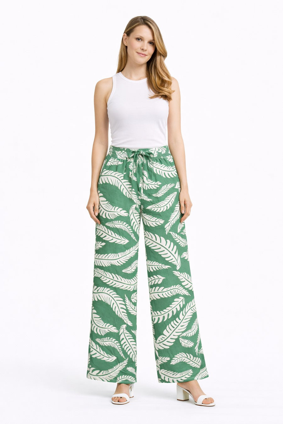 Leaves Pattern Wide-Leg Pants W/ Tie-Knot String & Pockets