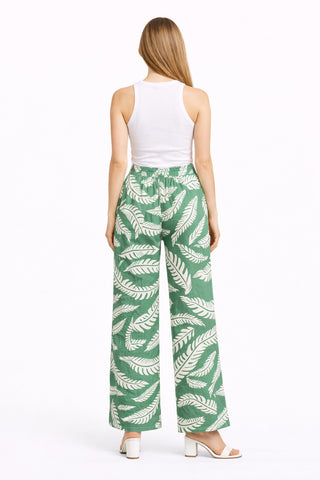 Leaves Pattern Wide-Leg Pants W/ Tie-Knot String & Pockets