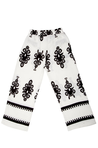 Boho Floral Pattern Wide-Leg Pants W/ Tie-Knot String & Pockets