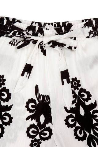 Boho Floral Pattern Wide-Leg Pants W/ Tie-Knot String & Pockets