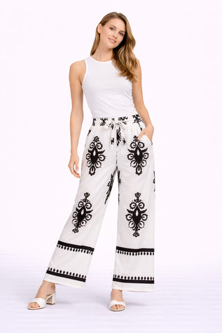 Boho Floral Pattern Wide-Leg Pants W/ Tie-Knot String & Pockets