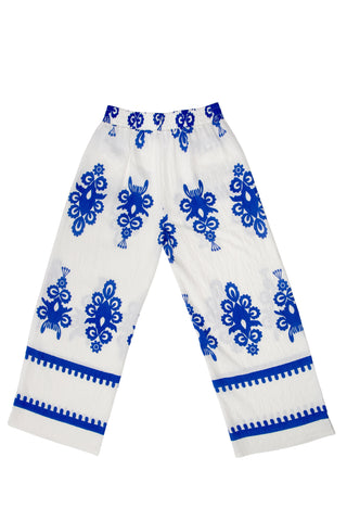 Boho Floral Pattern Wide-Leg Pants W/ Tie-Knot String & Pockets