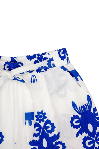 Boho Floral Pattern Wide-Leg Pants W/ Tie-Knot String & Pockets