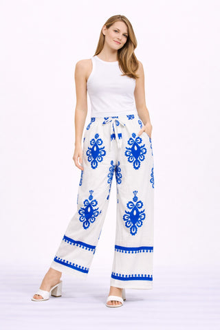 Boho Floral Pattern Wide-Leg Pants W/ Tie-Knot String & Pockets