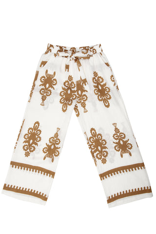 Boho Floral Pattern Wide-Leg Pants W/ Tie-Knot String & Pockets