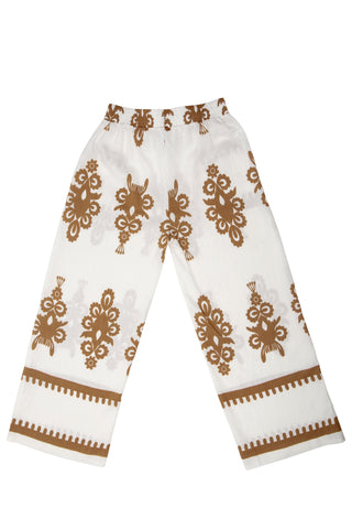 Boho Floral Pattern Wide-Leg Pants W/ Tie-Knot String & Pockets