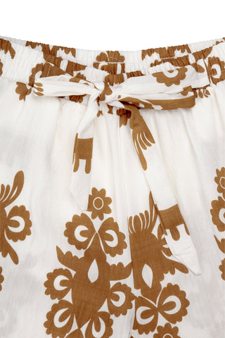 Boho Floral Pattern Wide-Leg Pants W/ Tie-Knot String & Pockets