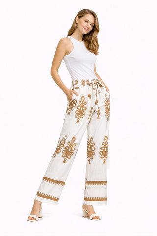 Boho Floral Pattern Wide-Leg Pants W/ Tie-Knot String & Pockets