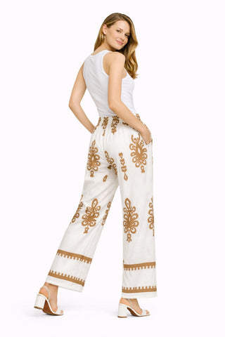 Boho Floral Pattern Wide-Leg Pants W/ Tie-Knot String & Pockets
