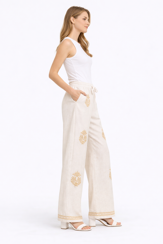 Linen Boho Tribal Pattern Embroidered Wide-Leg Pants W/ Drawstring & Pockets